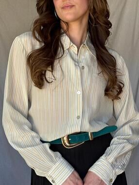 90s Cream Pinstriped Silk Button Up Shirt